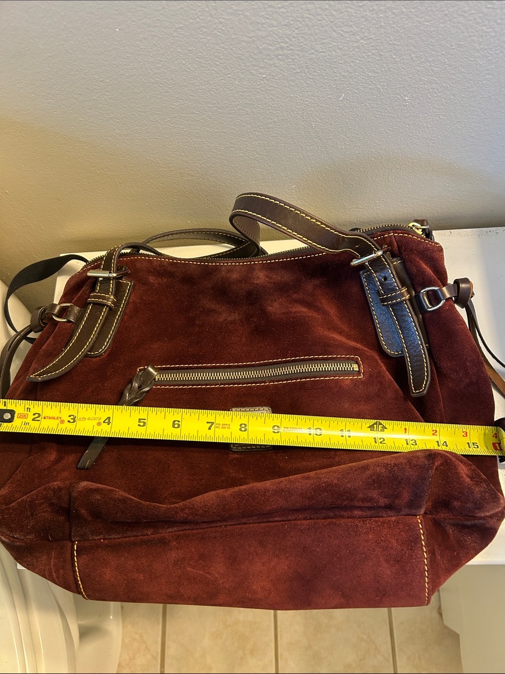Dooney & Bourke Burgundy Suede Shoulder Bag with Dark Brown Trim - Picture 11 of 12